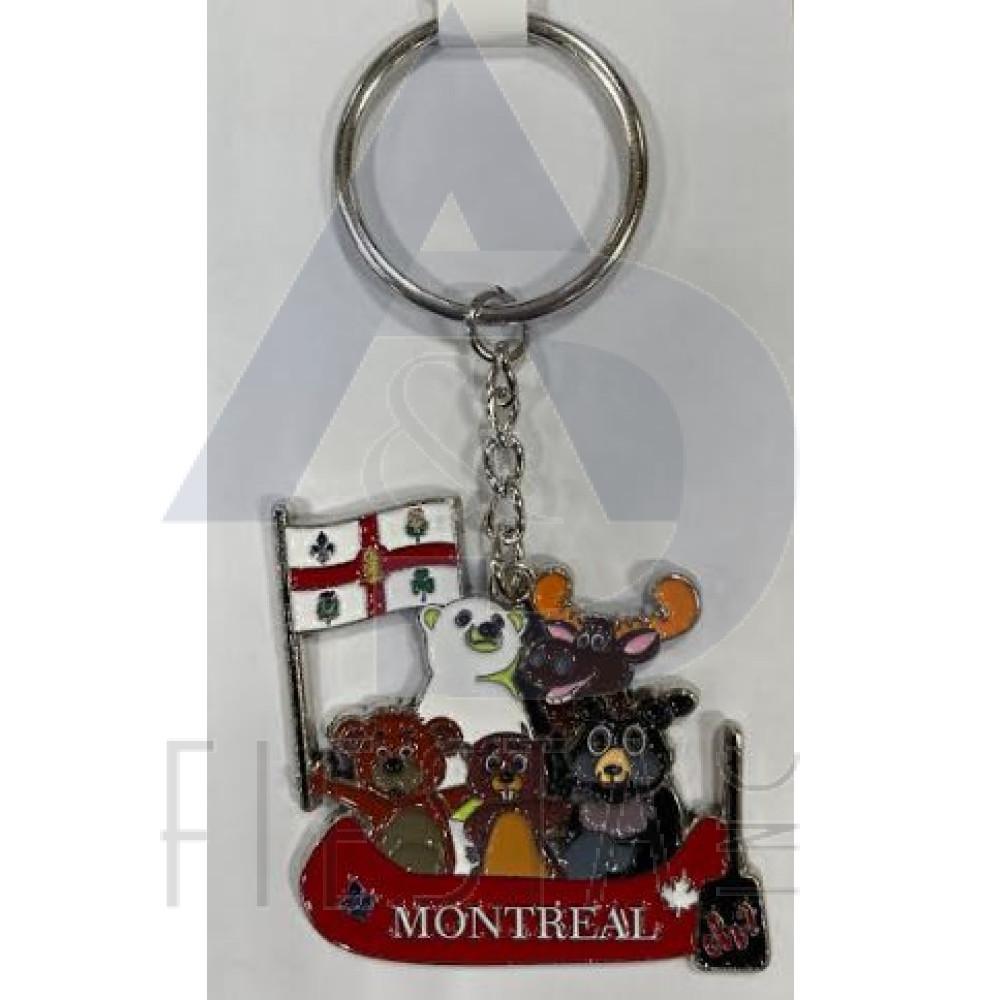 MONTREAL COLORED CANOE WITH MOOSE, BEAVER BLACK/WHITE/BROWN BEAR AND FLAG KEY CHAIN
