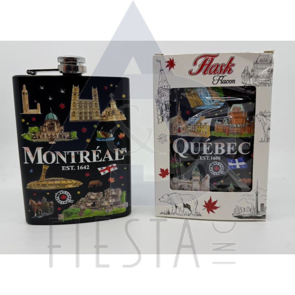 MONTREAL 8 OZ. BLACK FLASK WITH COLORED ICONS