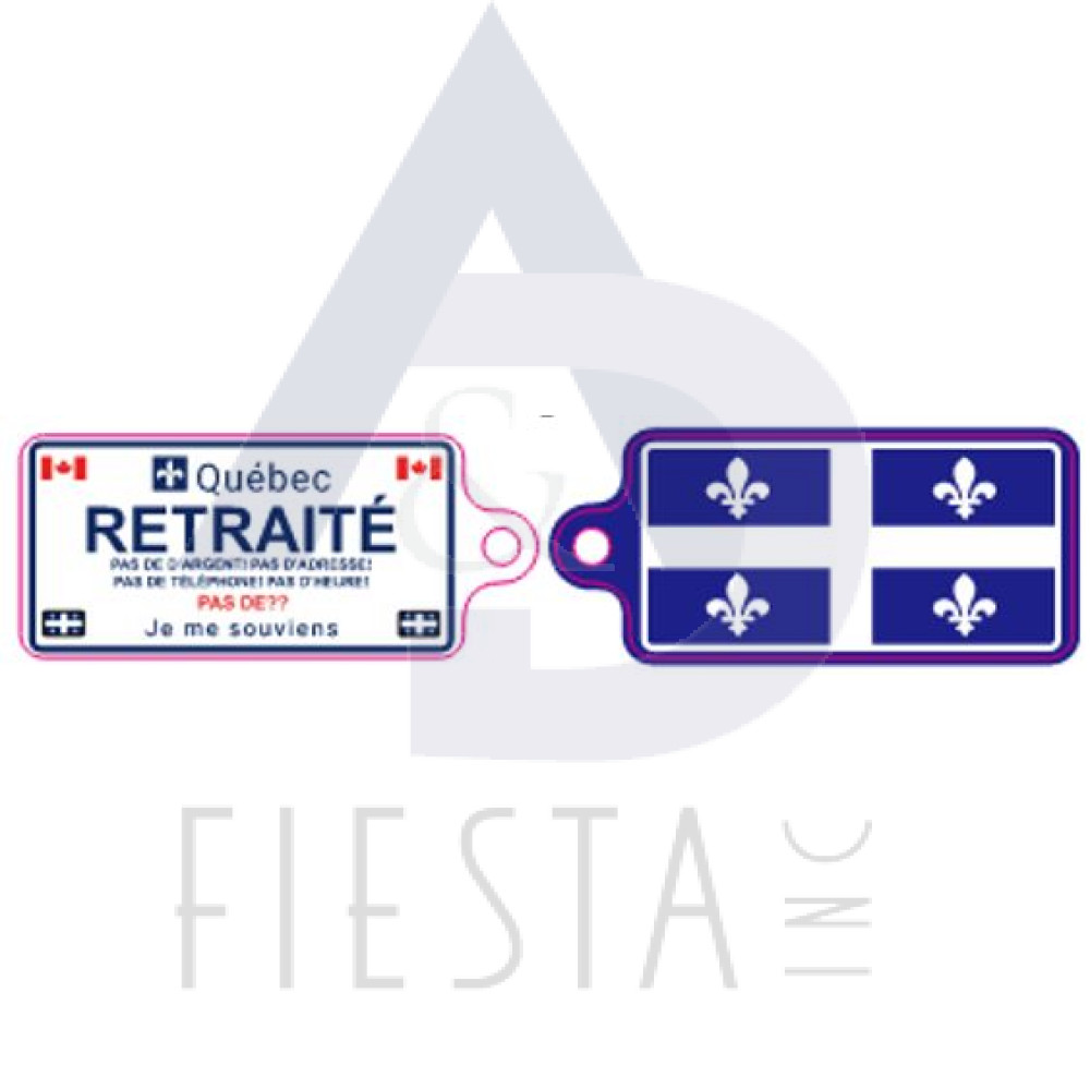 QUEBEC LICENSE PLATE 2 SIDED, FLAG/"RETRAITE" 7X3 KEY CHAIN 