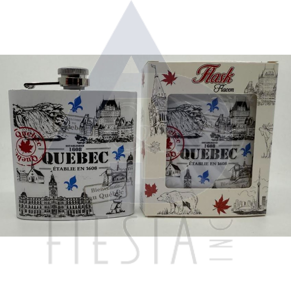 QUEBEC 6 OZ. WHITE FLASK WITH ICONS