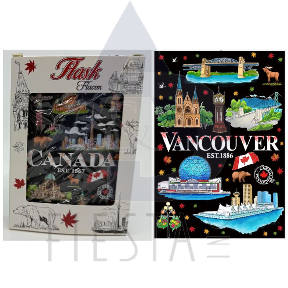 VANCOUVER 8 OZ. BLACK FLASK WITH COLORED ICONS
