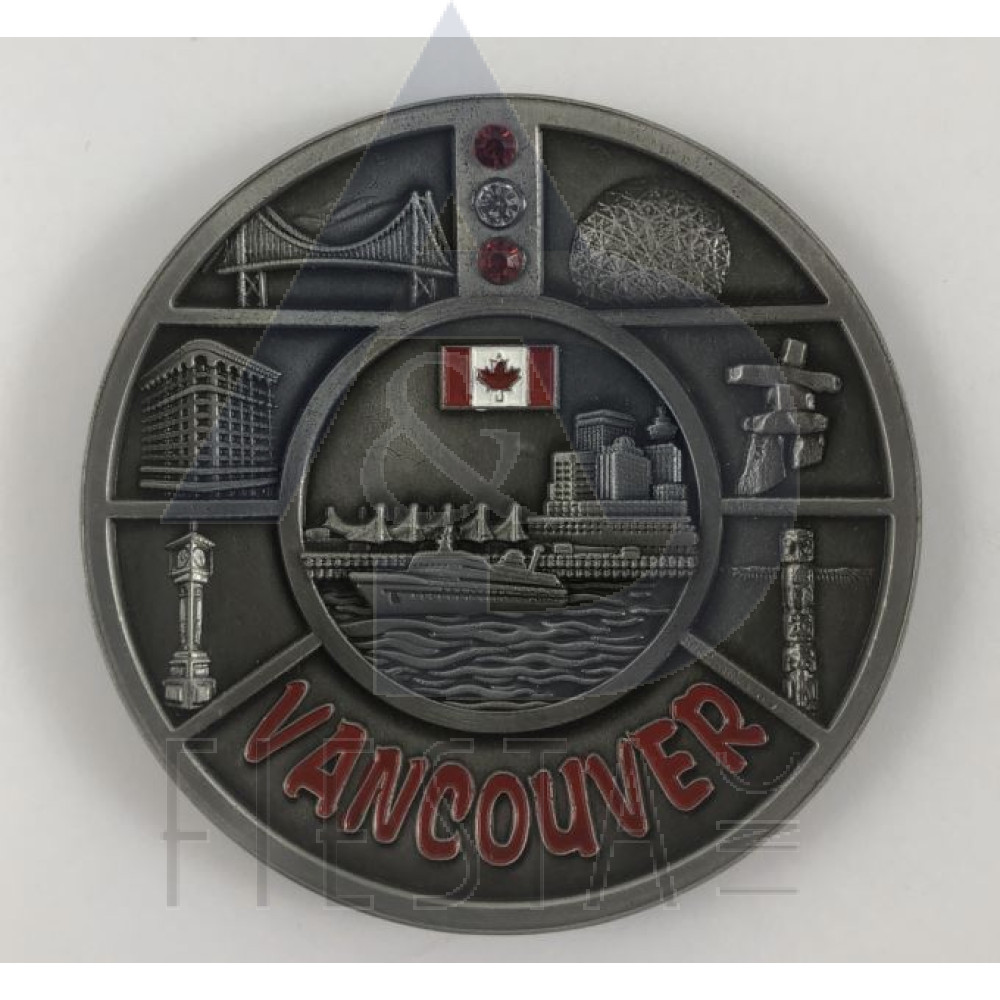 VANCOUVER METAL ROUND PLATE WITH LANDMARKS WITH DIAMONDS IN ACRYLIC BOX