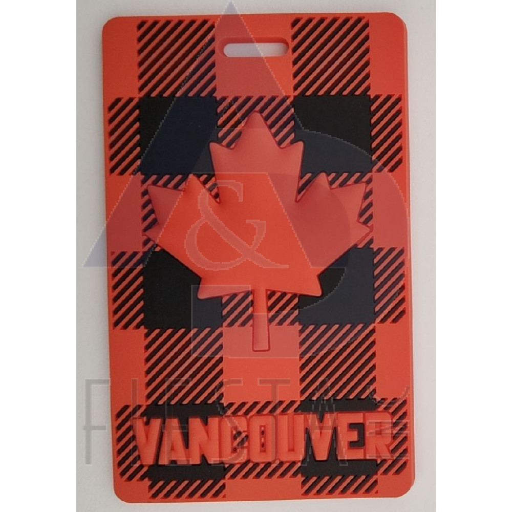 VANCOUVER LUGGAGE TAG CHECKED BLACK/RED/GREY WITH MAPLE LEAF AND "VANCOUVER"
