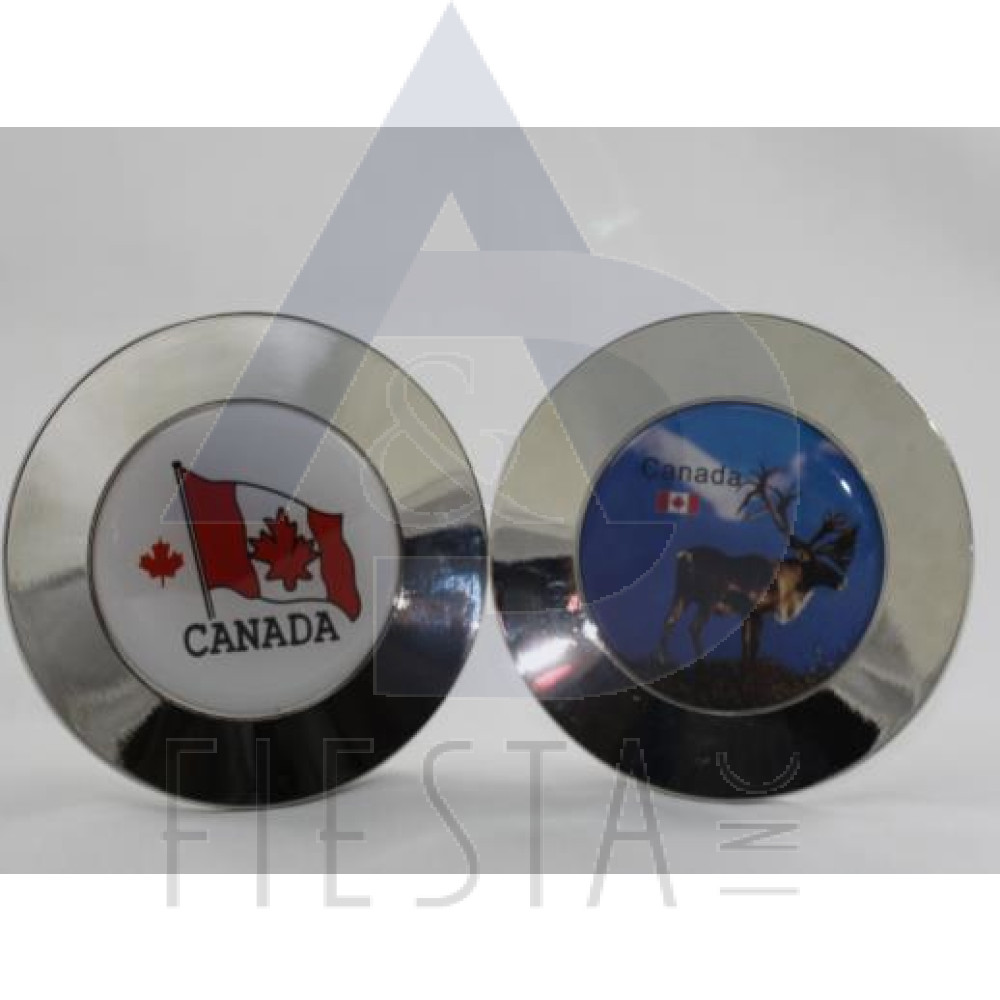 CANADA ROUND 8.5 CM METAL PLATE WITH STAND IN ACRYLIC BOX ASSORTED