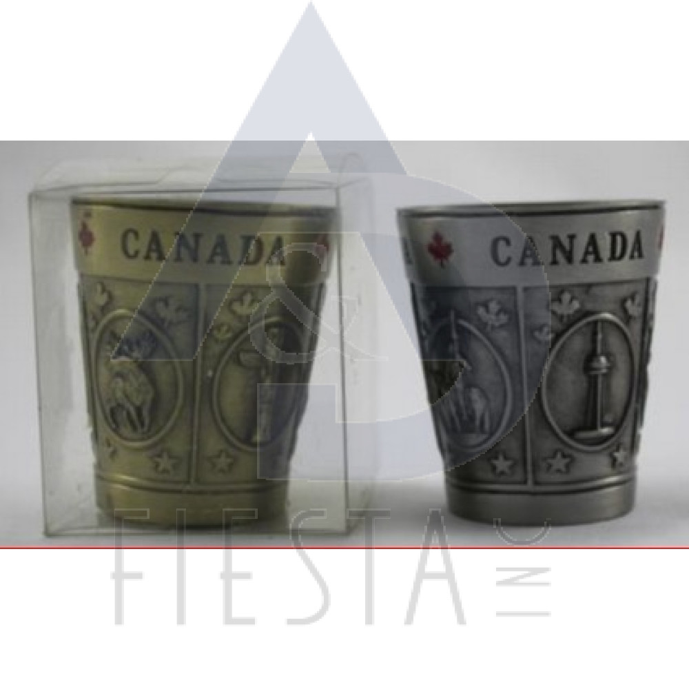 CANADA METAL SOUVENIR SHOT GLASS WITH ASSORTED OBJECTS IN ACRYLIC BOX