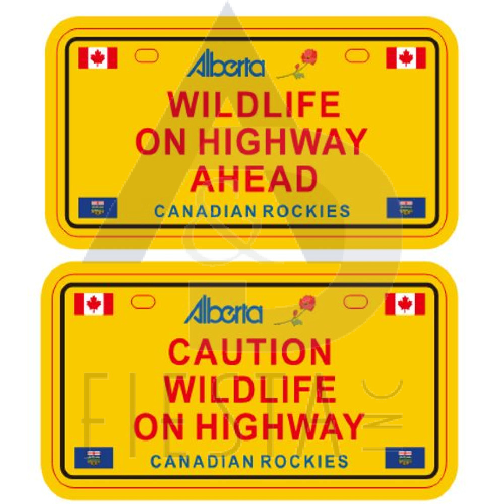 ALBERTA YELLOW LICENSE PLATE "CAUTION, CANADIAN ROCKIES" 2 ASSORTED 10X5 CM MAGNET