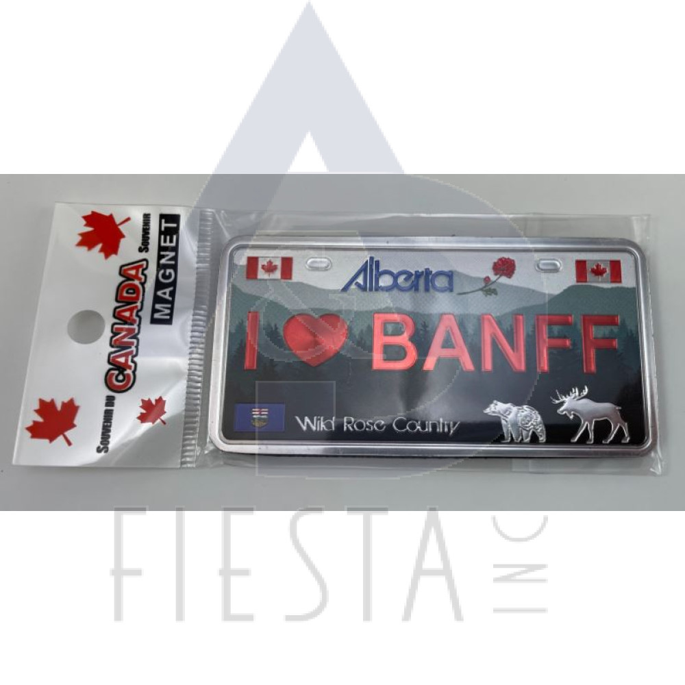 ALBERTA LICENSE PLATE "I LOVE (HEART) BANFF" WITH LANDMARKS WITH MOOSE AND BEAR 10X5 CM "FOIL" MAGNET