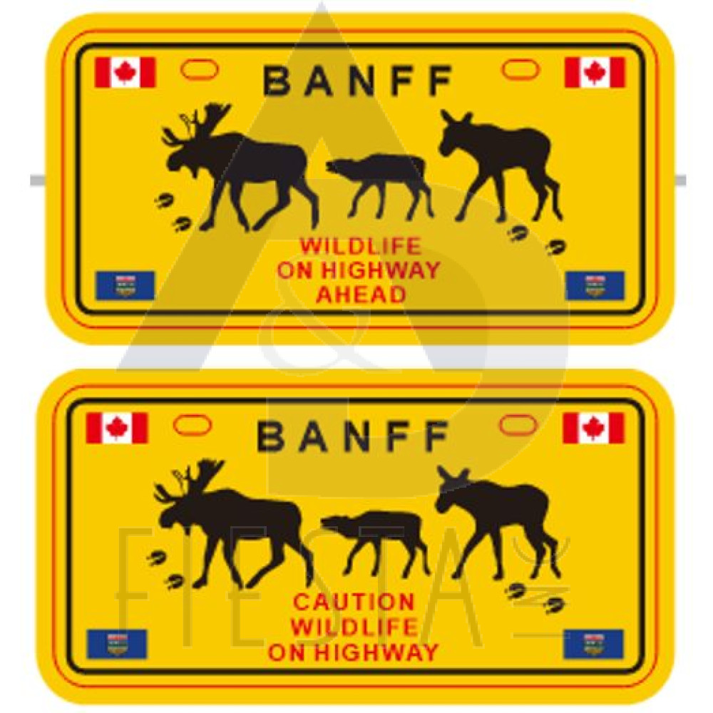 BANFF METAL LICENSE PLATE "CAUTION WITH MOOSES" 2 ASSORTED 10X5 MAGNET