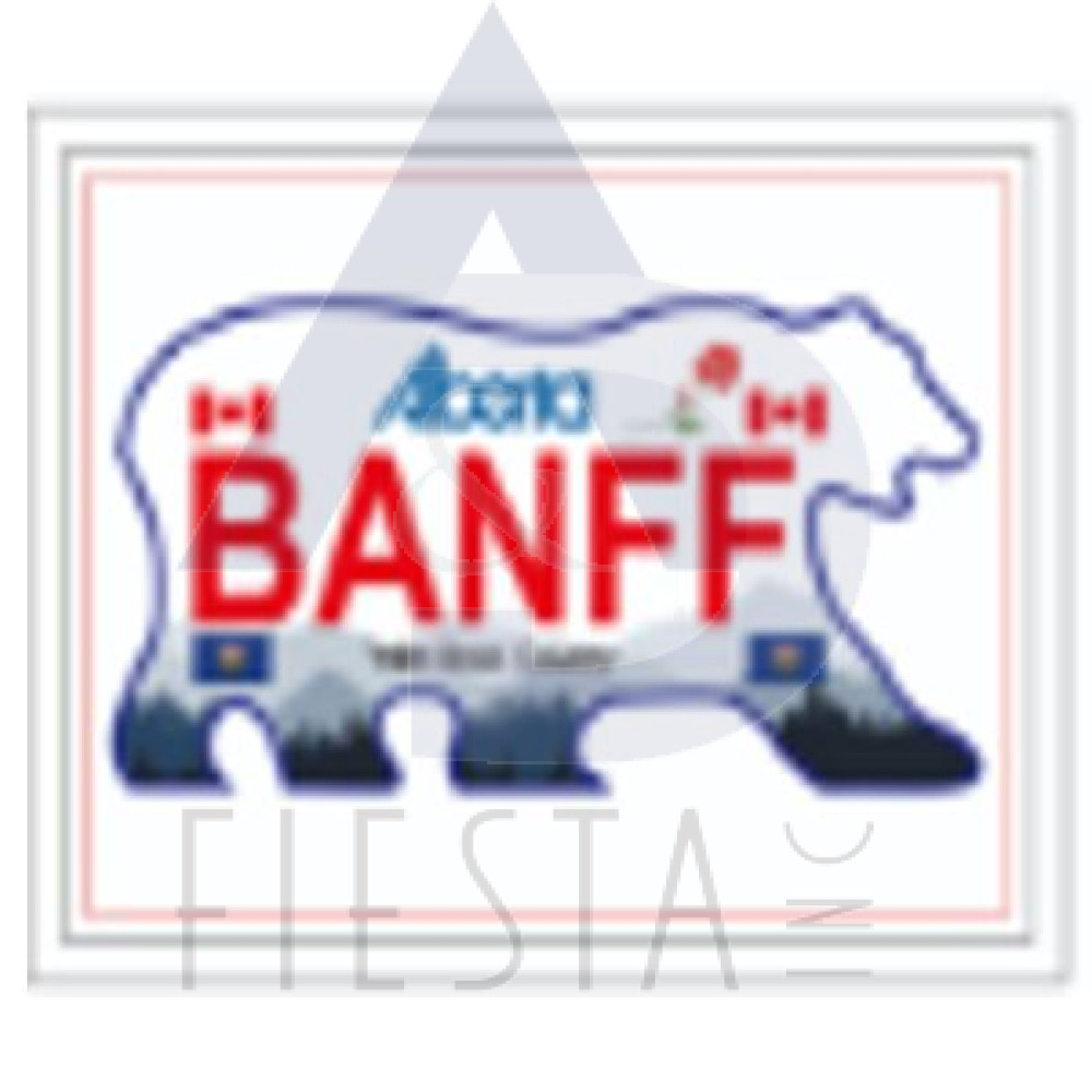 BANFF-ALBERTA LICENSE PLATE "BANFF" BEAR SHAPE 8X5.5 MAGNET