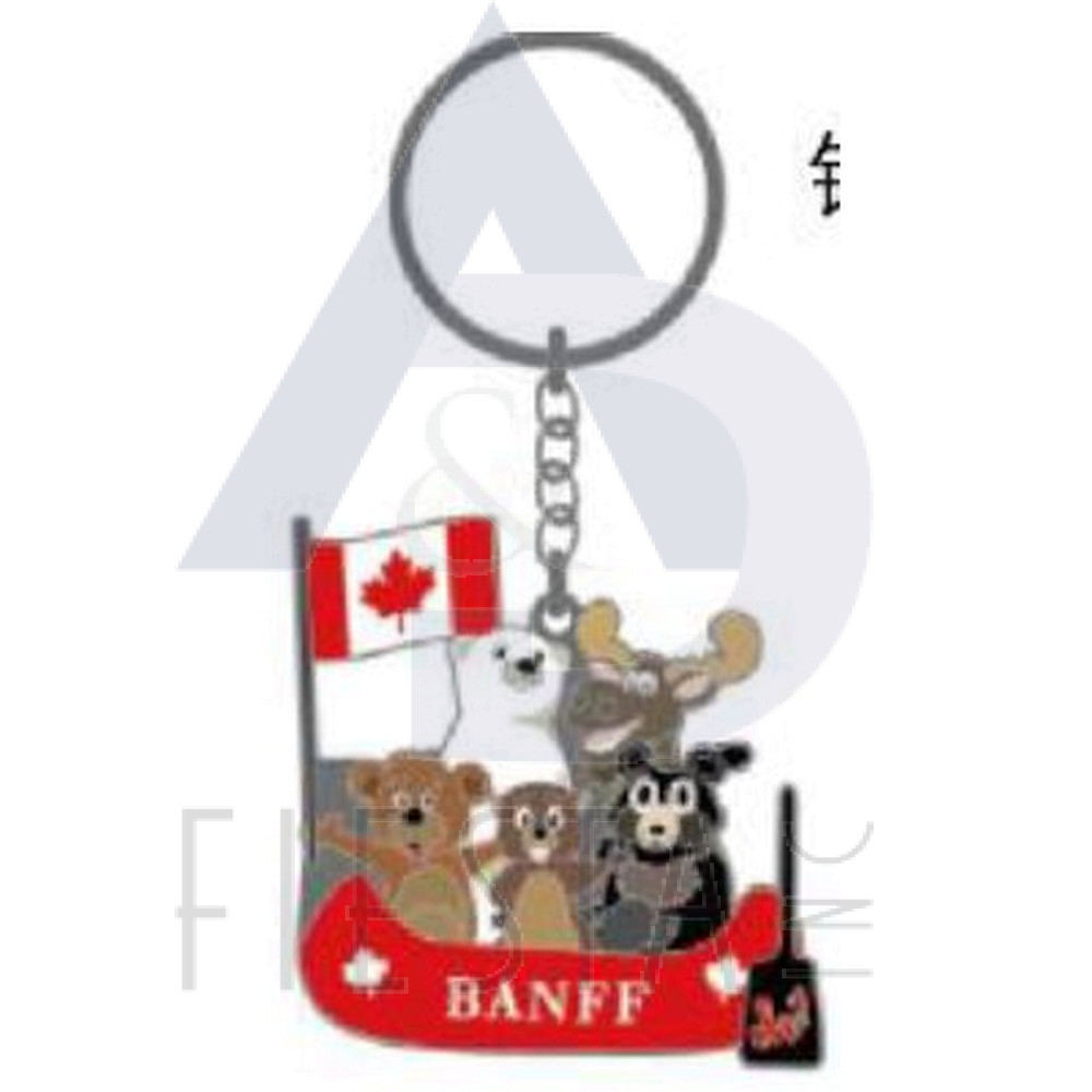 BANFF COLORED CANOE WITH MOOSE, BEAVER BLACK/WHITE/BROWN BEAR AND FLAG KEY CHAIN