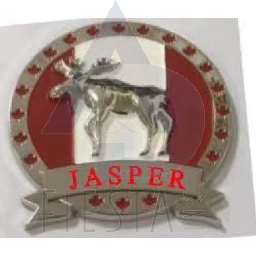 JASPER METAL ROUND MOOSE MAGNET WITH MAPLE LEAFS BORDER AND RIBBON MAGNET