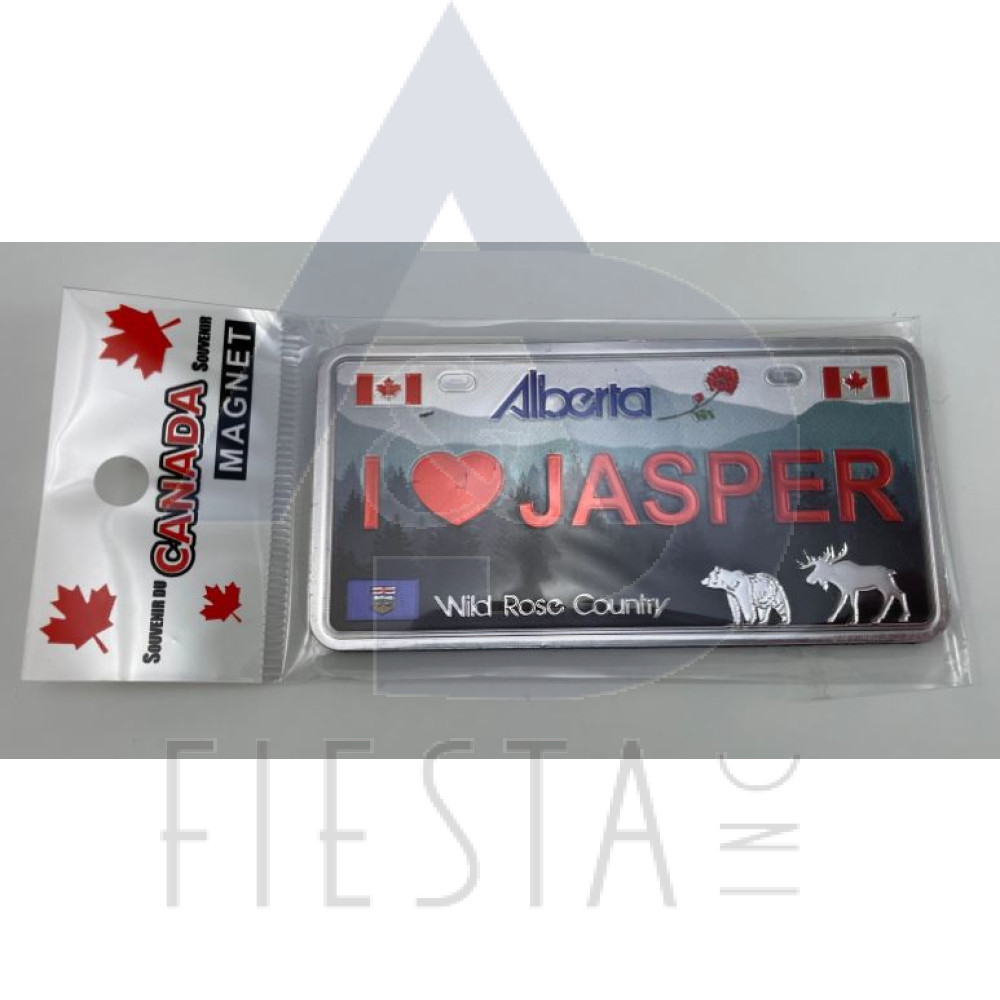 ALBERTA LICENSE PLATE "I LOVE (HEART) JASPER" WITH LANDMARKS WITH MOOSE AND BEAR 10X5 CM "FOIL" MAGNET