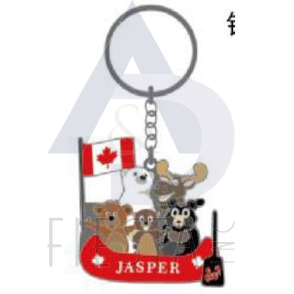 JASPER COLORED CANOE WITH MOOSE, BEAVER BLACK/WHITE/BROWN BEAR AND FLAG KEY CHAIN