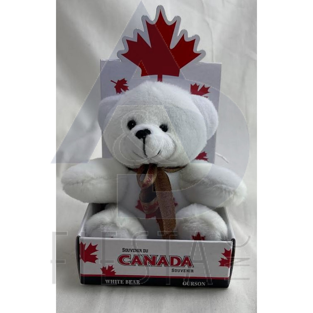 CANADA PLUSH 10 CM SITTING WHITE BEAR WITH MAPLE LEAF ON FEET AND RIBBON IN BOX