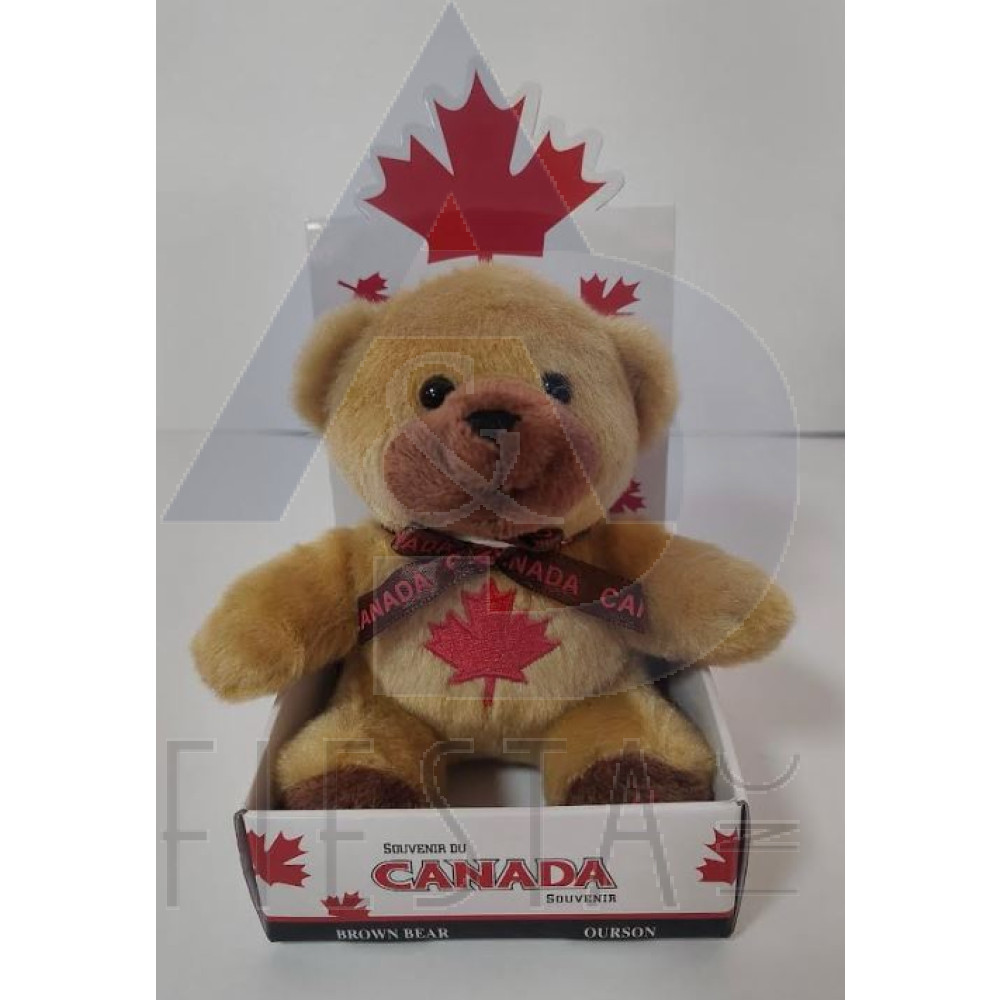 CANADA PLUSH 11.5 CM SITTING BROWN BEAR WITH MAPLE LEAF ON FEET AND RIBBON IN DISPLAY BOX