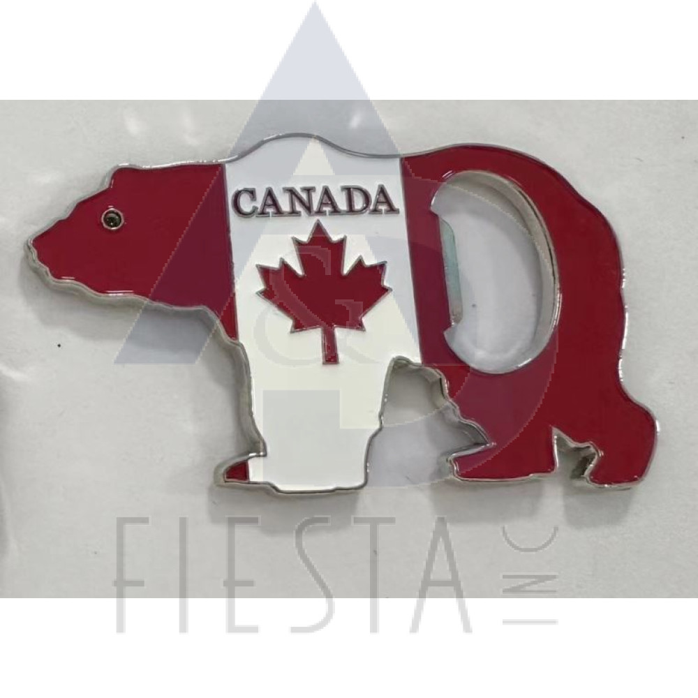 CANADA METAL WALKING BEAR RED/WHITE/RED WITH BOTTLE OPENER MAGNET