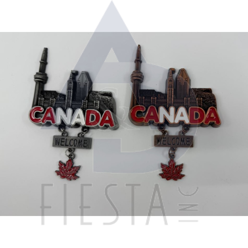 CANADA METAL LANDMARKS WITH CANADA HANGING "WELCOME" AND HANGING A MAPLE LEAF MAGNET