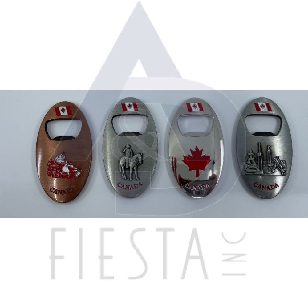 CANADA METAL OVAL BOTTLE OPENER WITH EMBOSSED LANDMARKS WITH FLAG ASSORTED MAGNET
