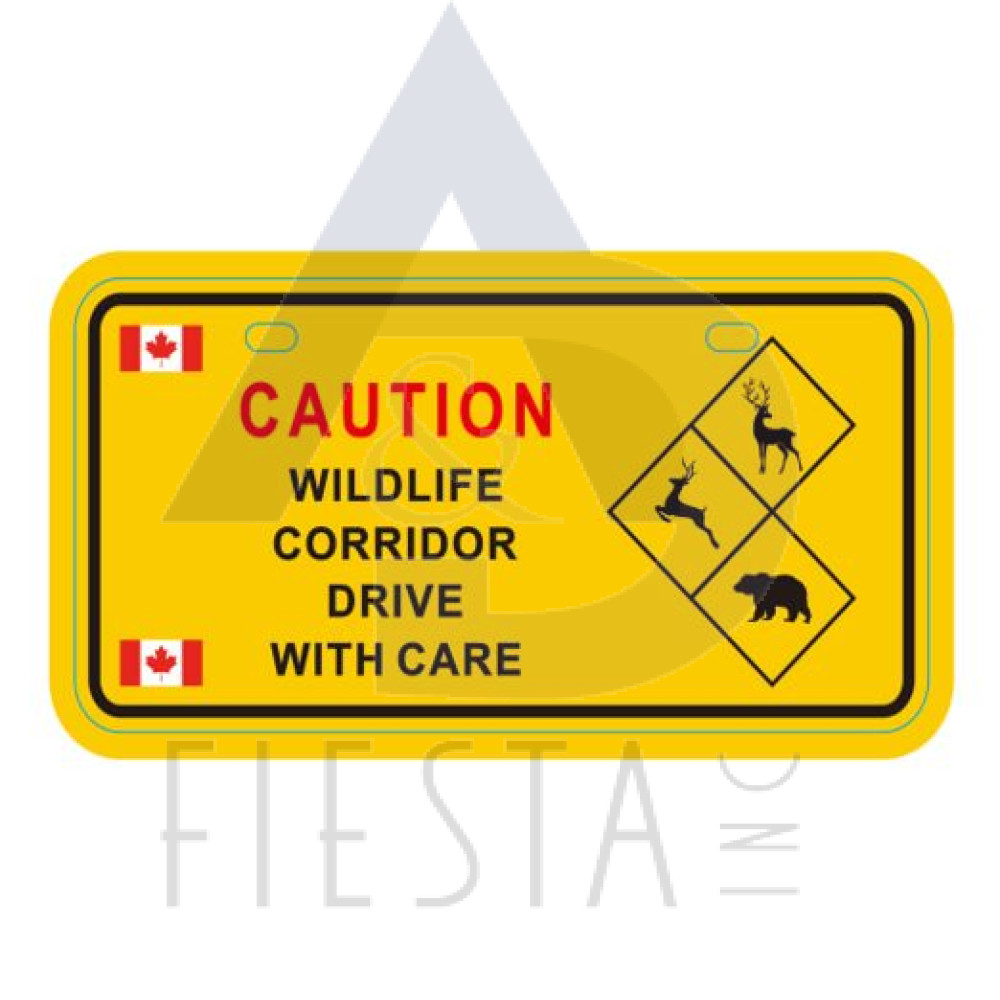 CANADA METAL LICENSE PLATE YELLOW "CAUTION DRIVE WITH CARE" WITH 2 SMALL FLAGS 10X5 CM MAGNET