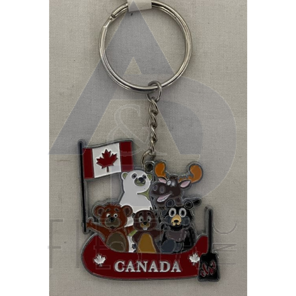 PRINCE EDWARD ISLAND COLORED CANOE WITH MOOSE, BEAVER BLACK/WHITE/BROWN BEAR AND FLAG KEY CHAIN