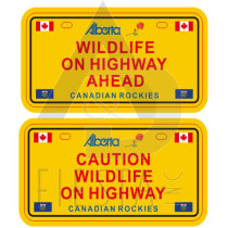 ALBERTA YELLOW LICENSE PLATE "CAUTION, CANADIAN ROCKIES" 2 ASSORTED 10X5 CM MAGNET