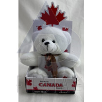 CANADA PLUSH 10 CM SITTING WHITE BEAR WITH MAPLE LEAF ON FEET AND RIBBON IN BOX