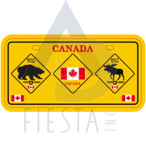 CANADA METAL LICENSE PLATE YELLOW "ANIMAL CROSSING WITH FLAG" 10X5 CM MAGNET