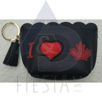 CANADA PU LEATHER 12X8X3 CM SHAPED COIN PURSE WITH  "I LOVE (HEART) MAPLE LEAF" AND KEY RING WITH FRINGES