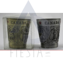 CANADA METAL SOUVENIR SHOT GLASS WITH ASSORTED OBJECTS IN ACRYLIC BOX